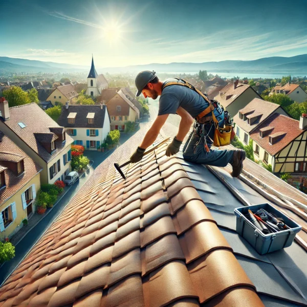 Réparation de fuite de toiture à Saint-Genis-Pouilly – Couvreur professionnel en action Réparation de fuite de toiture à Saint-Genis-Pouilly – Couvreur professionnel en action
